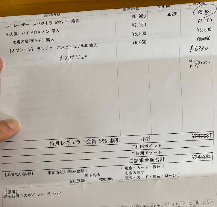 湘南美容外科クリニックのシミ取り明細表
